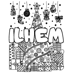 Coloring page first name ILHEM - Christmas tree and presents background