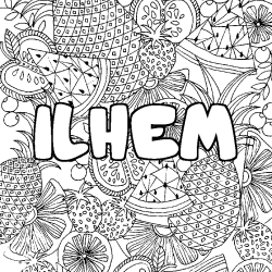 Coloring page first name ILHEM - Fruits mandala background