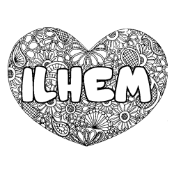 Coloring page first name ILHEM - Heart mandala background