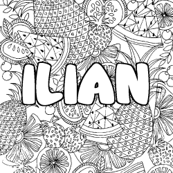 Coloring page first name ILIAN - Fruits mandala background