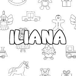 Coloring page first name ILIANA - Toys background