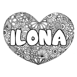 Coloring page first name ILONA - Heart mandala background