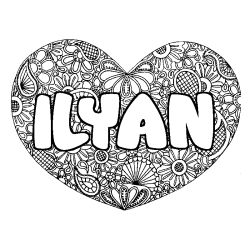 Coloring page first name ILYAN - Heart mandala background