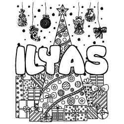 Coloring page first name ILYAS - Christmas tree and presents background