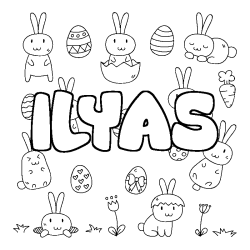 Coloring page first name ILYAS - Easter background