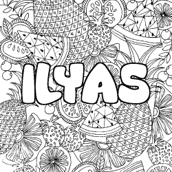 Coloring page first name ILYAS - Fruits mandala background