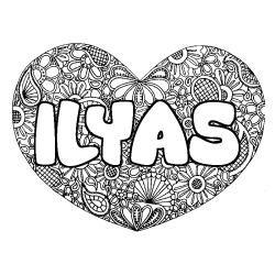 Coloring page first name ILYAS - Heart mandala background