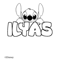 Coloring page first name ILYAS - Stitch background