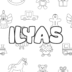 Coloring page first name ILYAS - Toys background