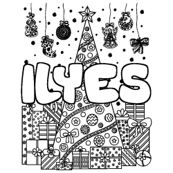 Coloring page first name ILYES - Christmas tree and presents background