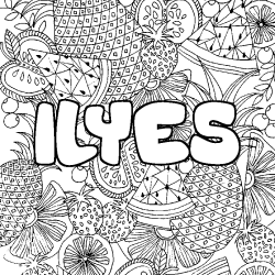 Coloring page first name ILYES - Fruits mandala background