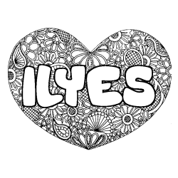 Coloring page first name ILYES - Heart mandala background