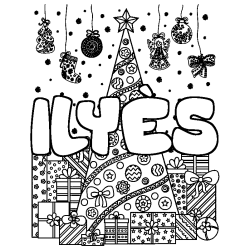 Coloring page first name ILYÈS - Christmas tree and presents background
