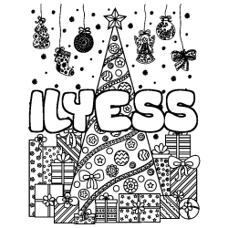 Coloring page first name ILYESS - Christmas tree and presents background