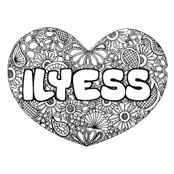 Coloring page first name ILYESS - Heart mandala background