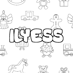 Coloring page first name ILYESS - Toys background
