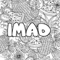 Coloring page first name IMAD - Fruits mandala background