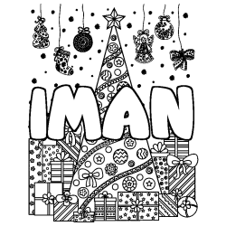 Coloring page first name IMAN - Christmas tree and presents background