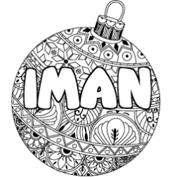 Coloring page first name IMAN - Christmas tree bulb background