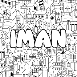 Coloring page first name IMAN - City background