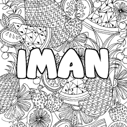 Coloring page first name IMAN - Fruits mandala background