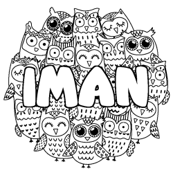 Coloring page first name IMAN - Owls background