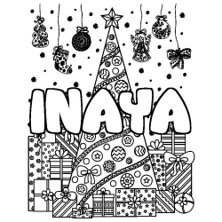 Coloring page first name INAYA - Christmas tree and presents background