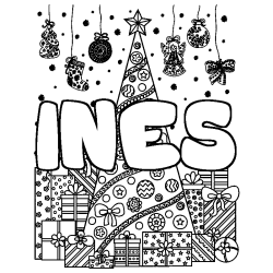 Coloring page first name INES - Christmas tree and presents background