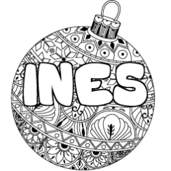 Coloring page first name INES - Christmas tree bulb background