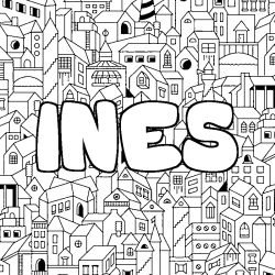 Coloring page first name INES - City background