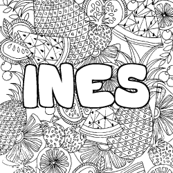 Coloring page first name INES - Fruits mandala background