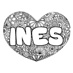 Coloring page first name INES - Heart mandala background