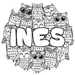 Coloring page first name INES - Owls background