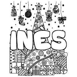 Coloring page first name INÈS - Christmas tree and presents background