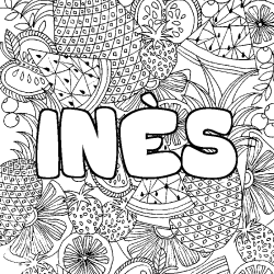 Coloring page first name INÈS - Fruits mandala background