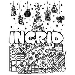 Coloring page first name INGRID - Christmas tree and presents background