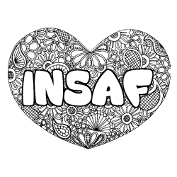 Coloring page first name INSAF - Heart mandala background