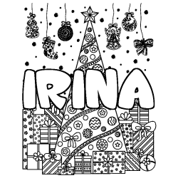 Coloring page first name IRINA - Christmas tree and presents background