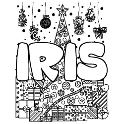 Coloring page first name IRIS - Christmas tree and presents background