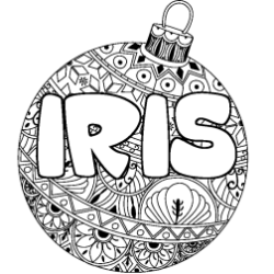 Coloring page first name IRIS - Christmas tree bulb background