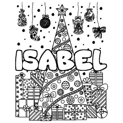 Coloring page first name ISABEL - Christmas tree and presents background