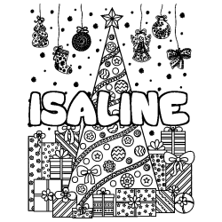 Coloring page first name ISALINE - Christmas tree and presents background