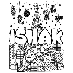 Coloring page first name ISHAK - Christmas tree and presents background