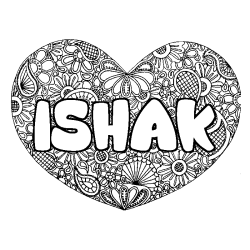 Coloring page first name ISHAK - Heart mandala background
