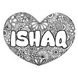 Coloring page first name ISHAQ - Heart mandala background