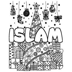 Coloring page first name ISLAM - Christmas tree and presents background