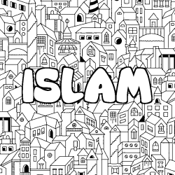 Coloring page first name ISLAM - City background