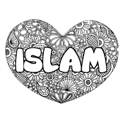 Coloring page first name ISLAM - Heart mandala background