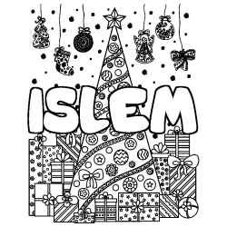 Coloring page first name ISLEM - Christmas tree and presents background