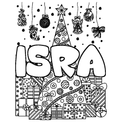 Coloring page first name ISRA - Christmas tree and presents background
